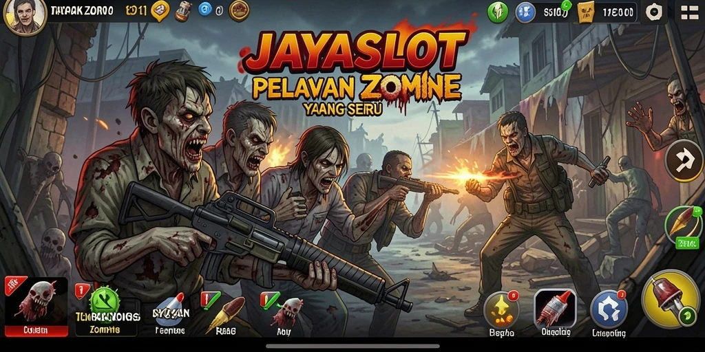 Antarmuka permainan JAYASLOT yang penuh aksi melawan zombie.