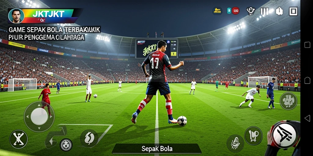 Antarmuka JKTJKT menampilkan pemain dan tim sepak bola yang dinamis.