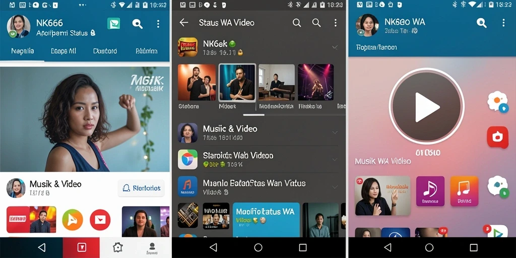 Tampilan antarmuka NK666 dengan pilihan Status WA Video yang beragam.